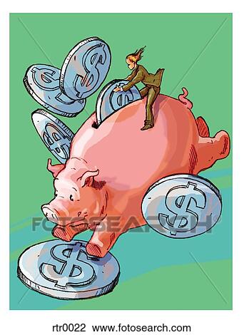 businesswoman and giant piggy bank View Large Illustration Drawing - businesswoman and giant piggy bank. Fotosearch