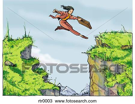 businesswoman jumping over a chasm View Large Illustration Drawing - businesswoman jumping over a chasm. Fotosearch