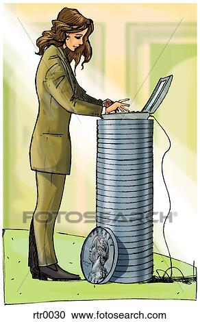 Clipart - businesswoman using a laptop that is stacked on coins. Fotosearch