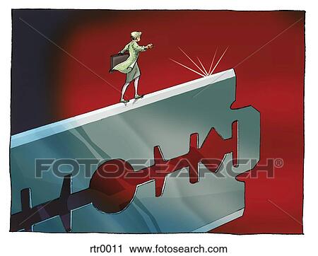 Clip Art - businesswoman walking on the edge of a razor blade. Fotosearch