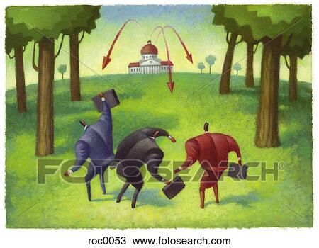 Drawing - businessmen running for cover. Fotosearch