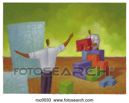 Drawing - businessmen working together to build a puzzle. Fotosearch