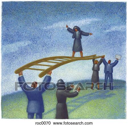 Clipart - woman walking on ladder being held up by business people. Fotosearch
