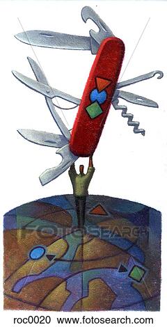 Clipart - man on globe with swiss army knife. Fotosearch