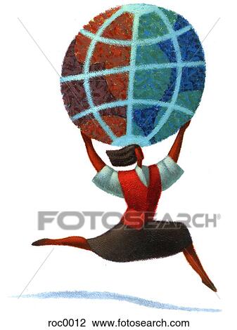 Drawing - woman holding globe. Fotosearch