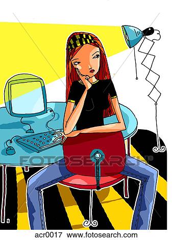Stock Illustration - girl at her computer with a puzzled expression. Fotosearch