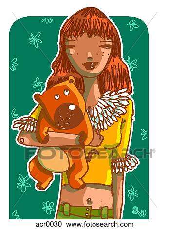 Clipart - girl hugging teddy bear. Fotosearch
