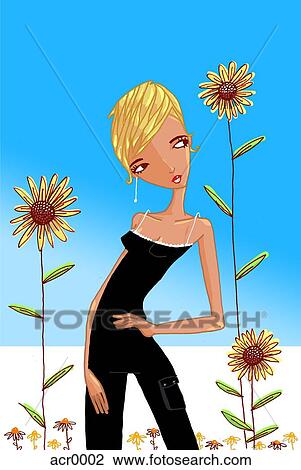 Drawing - girl standing near flowers. Fotosearch