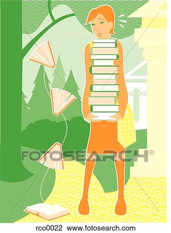 Drawing - girl carrying a stack of books. Fotosearch