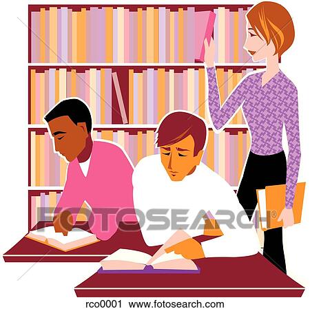 Clip Art - three students in a library. Fotosearch