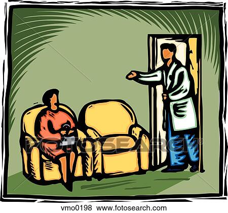 Stock Illustration - A doctor summoning a woman in a waiting room. Fotosearch