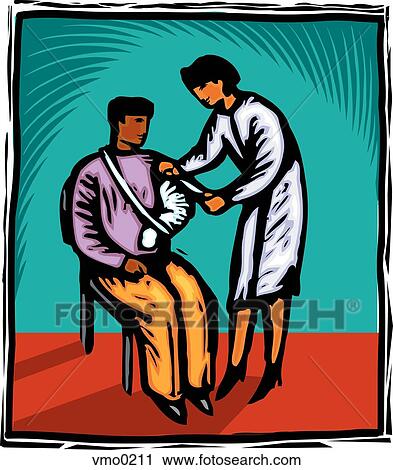 Clip Art - A nurse adjusting a patient's sling. Fotosearch