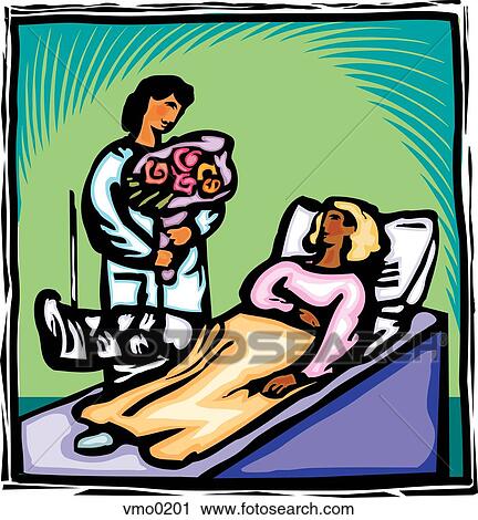A nurse delivering flowers to a woman with a broken leg View Large Illustration Clip Art - A nurse delivering flowers to a woman with a broken leg. Fotosearch