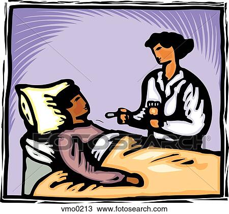 A nurse giving liquid medicine to a patient View Large Illustration Drawing - A nurse giving liquid medicine to a patient. Fotosearch