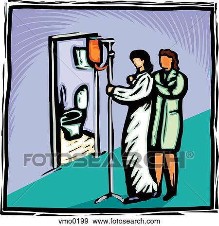 Stock Illustration - A nurse helping a woman with an IV back to bed. Fotosearch