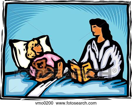 A nurse reading a bedtime story to a sick child View Large Illustration Clipart - A nurse reading a bedtime story to a sick child. Fotosearch