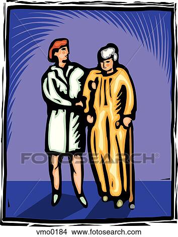 Stock Illustration - Aid helping an elderly woman to walk. Fotosearch