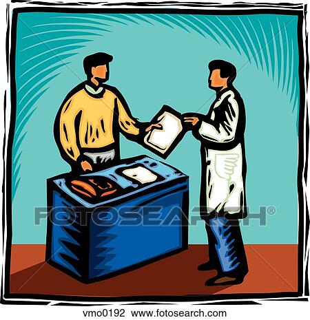Doctor's assistant handing over a chart View Large Illustration Drawing - Doctor's assistant handing over a chart. Fotosearch