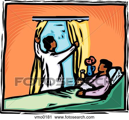 Nurse opening the window in a patient's room View Large Illustration Clip Art - Nurse opening the window in a patient's room. Fotosearch