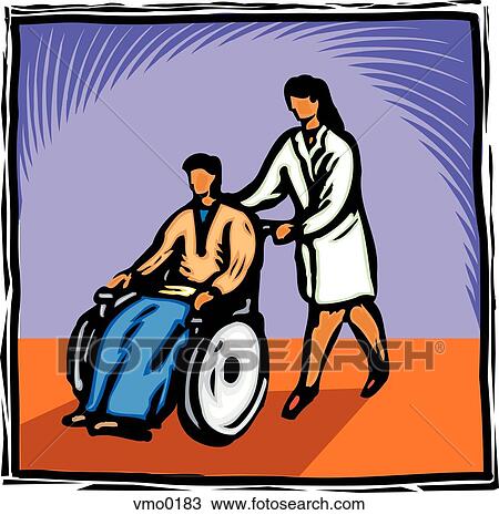 Drawing - Nurse pushing a patient's wheelchair. Fotosearch