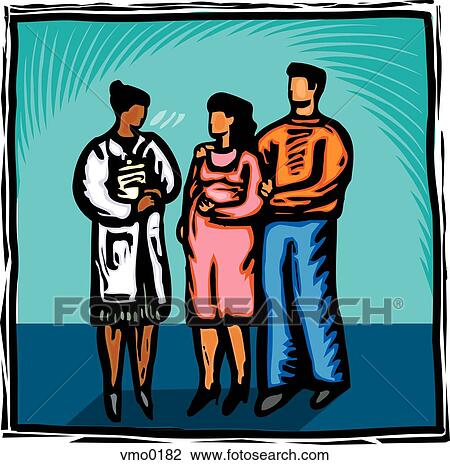 Drawing - Obstetrician talking to a pregnant couple. Fotosearch