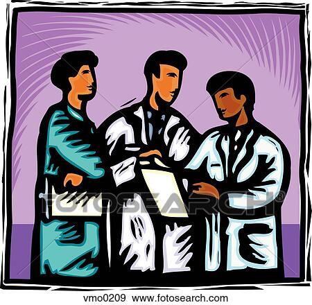 Three doctors discussing a medical chart View Large Illustration Stock Illustration - Three doctors discussing a medical chart. Fotosearch