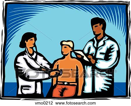 Drawing - Two doctors examining a young boy. Fotosearch