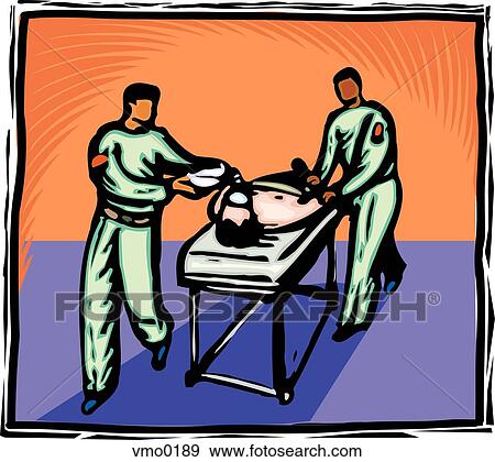 Two medics rushing a man to the hospital View Large Illustration Stock Illustration - Two medics rushing a man to the hospital. Fotosearch
