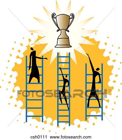 Clip Art - three people climbing up a ladder to reach a trophy. Fotosearch
