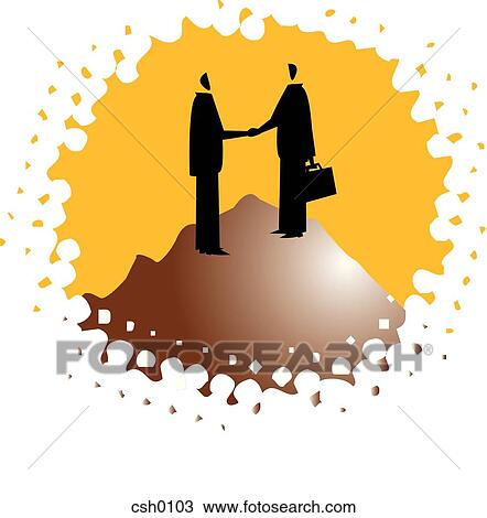 Drawing - two men shaking hands on top of a mountain. Fotosearch