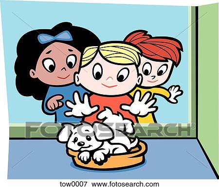 kids looking at the doggie in the window View Large Illustration Stock Illustration - kids looking at the doggie in the window. Fotosearch
