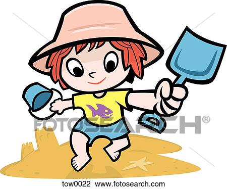 Drawing - little girl building a sandcastle. Fotosearch