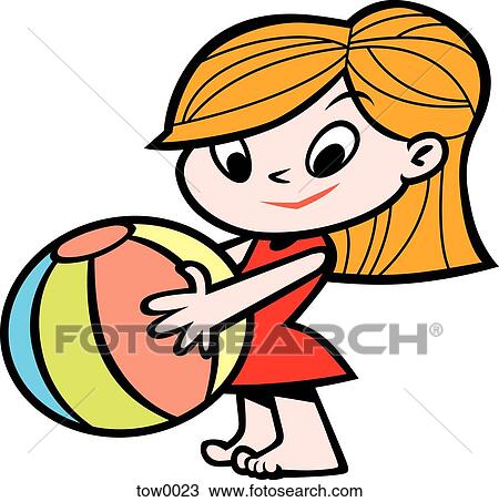 Drawing - little girl holding a beach ball. Fotosearch