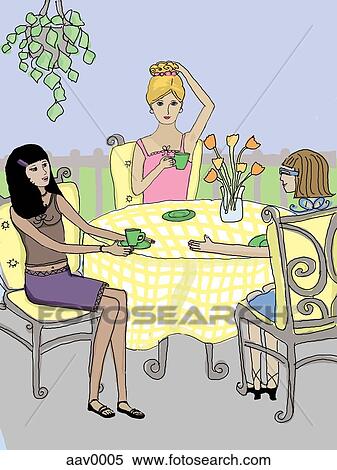 three friends at an outdoor cafe View Large Illustration Stock Illustration - three friends at an outdoor cafe. Fotosearch