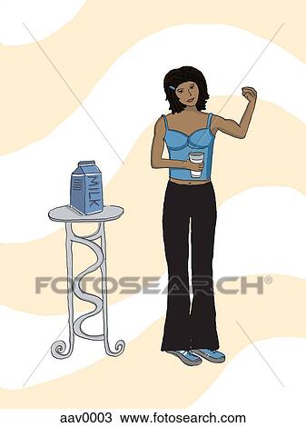 woman drinking milk to build strong bones View Large Illustration Drawing - woman drinking milk to build strong bones. Fotosearch