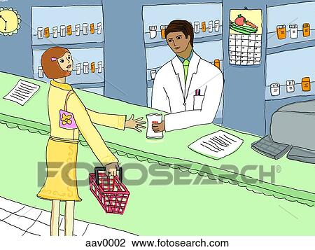 Drawing - woman talking to a pharmacist. Fotosearch