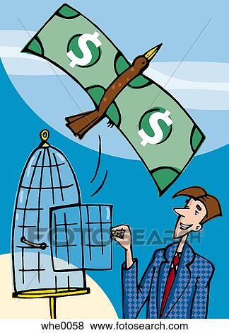 Stock Illustration - bird with wings made of money flying out of a cage. Fotosearch