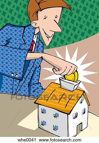 Clip Art - man putting money into a house. Fotosearch