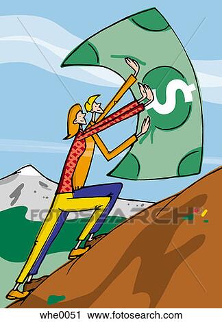 Clip Art - two people pushing a dollar bill up a hill. Fotosearch
