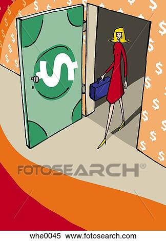Stock Illustration - walking through a door made of money. Fotosearch