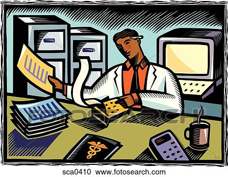 Clipart - Doctor looking over a budget. Fotosearch