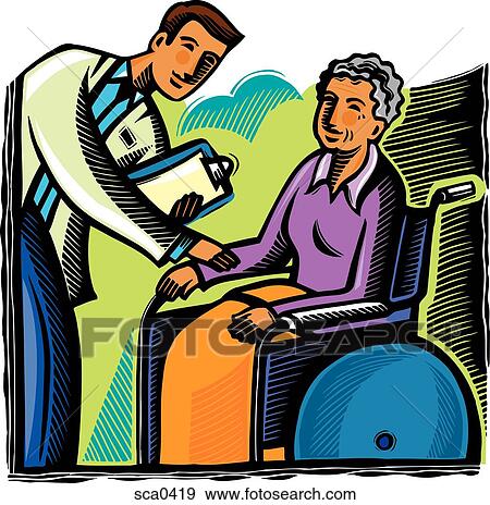 Doctor talking to a patient in a wheelchair View Large Illustration Stock Illustration - Doctor talking to a patient in a wheelchair. Fotosearch
