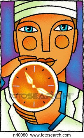 Clipart - Doctor holding clock. Fotosearch
