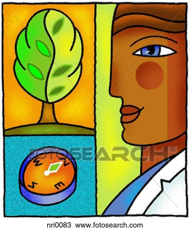 Doctor, tree and compass View Large Illustration Drawing - Doctor, tree and compass. Fotosearch