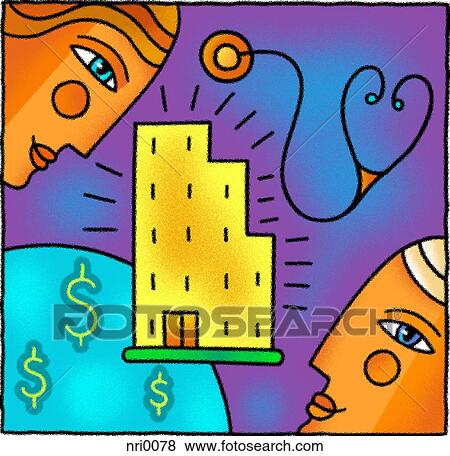Stock Illustration - Doctors, hospital and dollar signs. Fotosearch