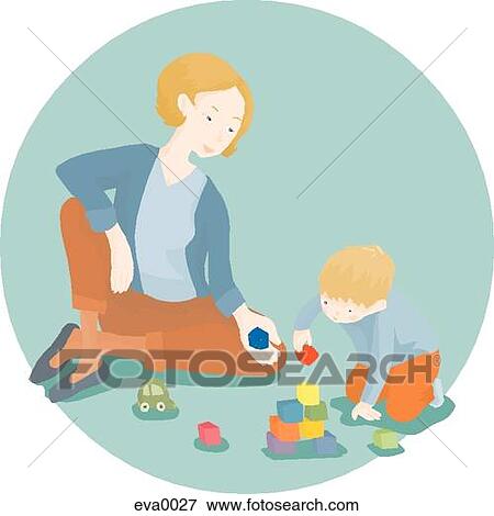 mom and son playing with building blocks View Large Illustration Stock Illustration - mom and son playing with building blocks. Fotosearch