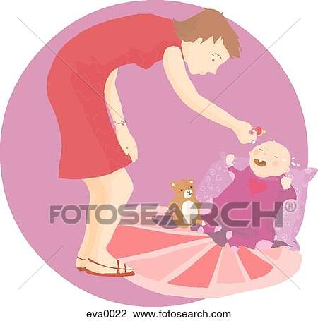 Drawing - mom and teething baby. Fotosearch
