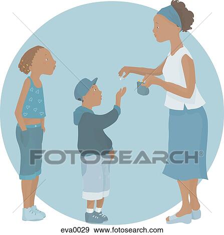 Stock Illustration - mom giving her kids allowance. Fotosearch