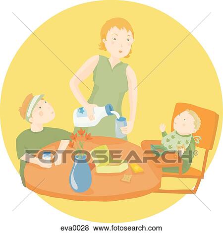 Stock Illustration - mom pouring milk for her kids. Fotosearch