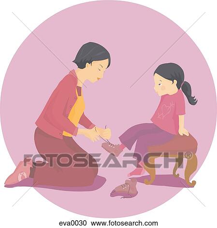 Clipart - mom putting shoes on her kid. Fotosearch